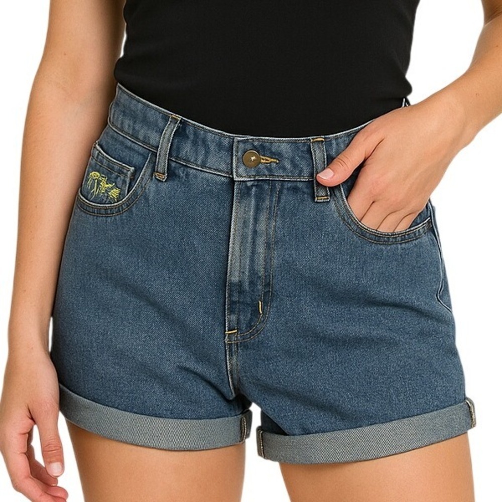 Romwe Denim Jean Shorts XS Blue High Rise Cuffed Floral‎ Embroidery Casual Boho